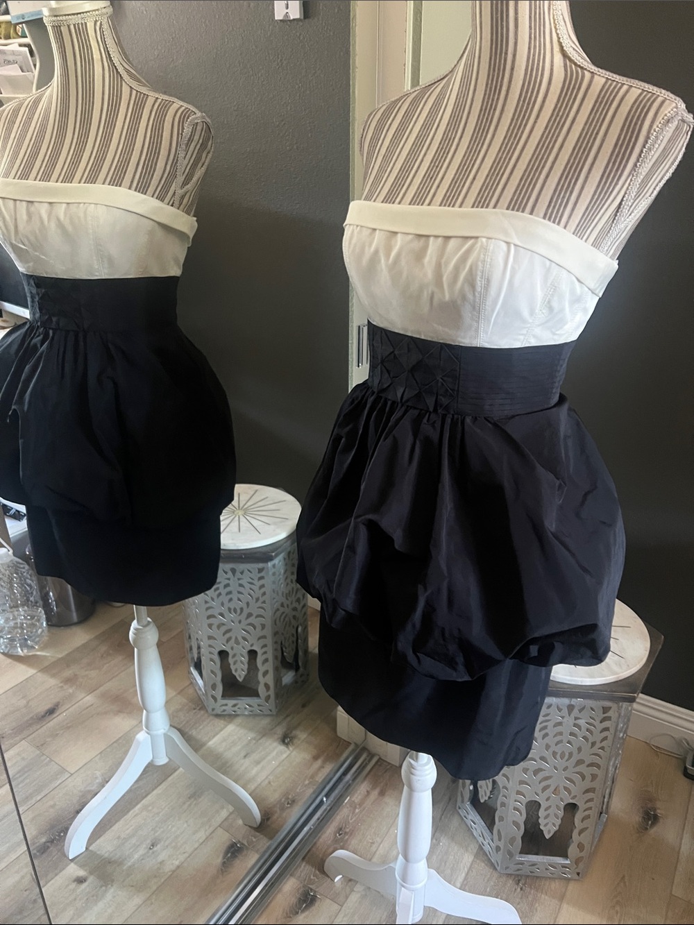 BCBGMaxAzria Black and White Strapless Bubble-Hem Cocktail Dress